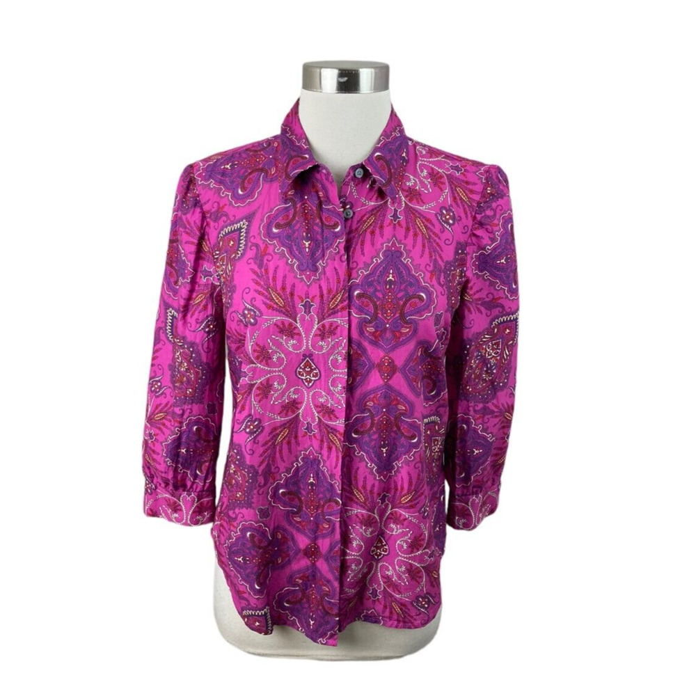J. Crew Liberty Arts Print Purple Paisley Puff Shoulder 3/4 Sleeve Blouse Size 4
